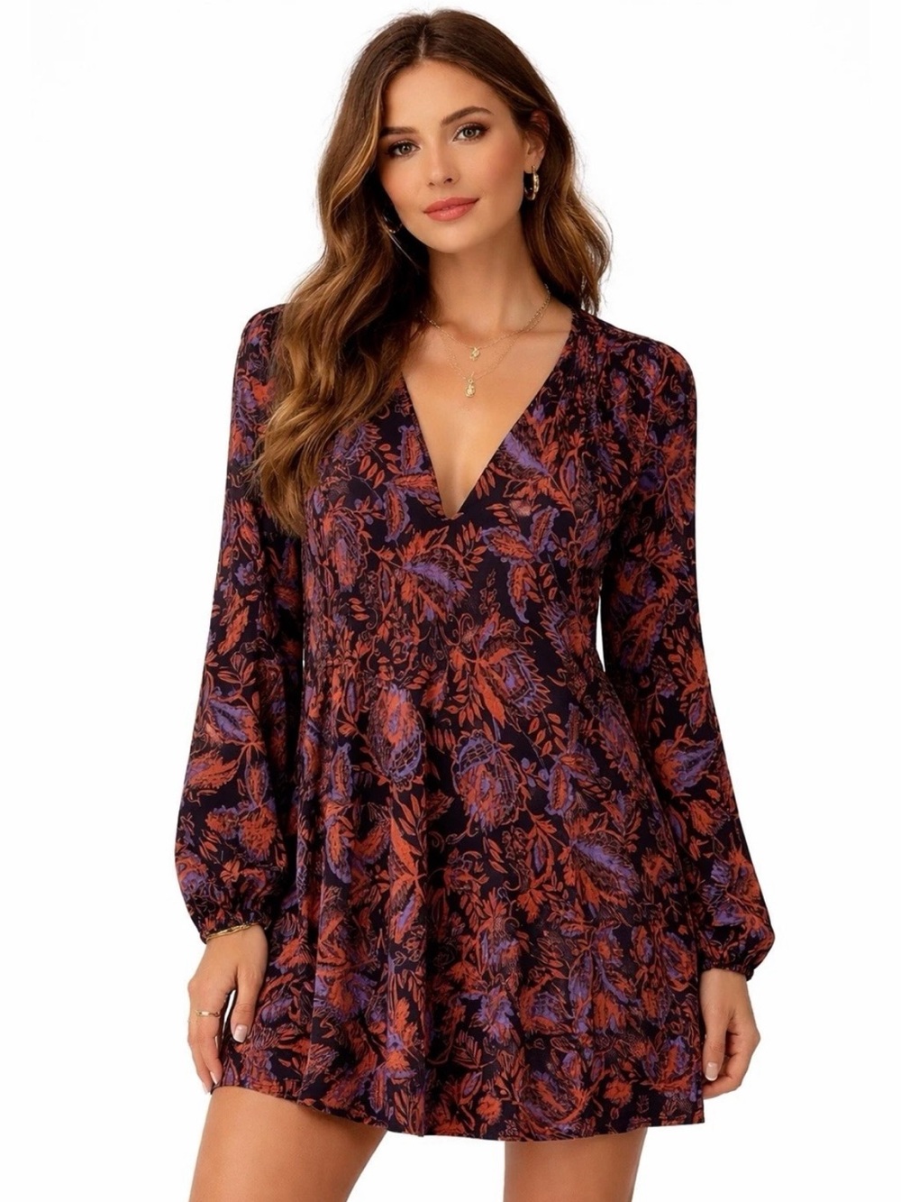 Free People Floral Babydoll Tunic Long Sleeve Dress